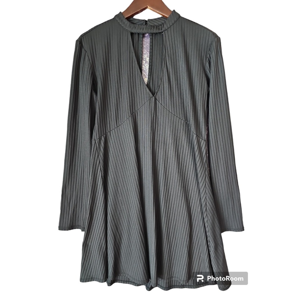 KENDALL & KYLIE Black Texture Striped Keyhole Long Sleeve Dress‎ sz L Stretch